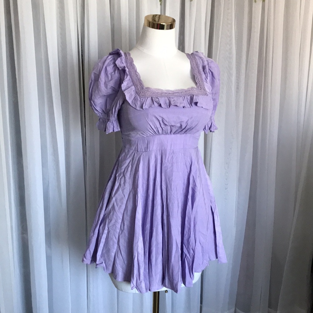 Lavender Ruffle Trim Mini Dress with Pockets - Picture 3 of 6